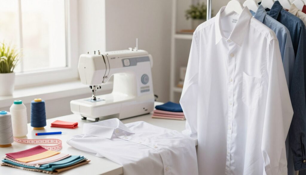 A bright, well-lit interior setting showcasing a neatly arranged workspace dedicated to clothing preparation. In the foreground, a pair of clean, crisp white shirts hang on a clothes rack, with care labels visible, symbolizing a focus on fabric types. A second shirt is laying flat on a table, surrounded by common household items like a measuring tape, fabric swatches, and detergent bottles. The middle ground features a sewing machine, brightly illuminated, with threads and tools neatly organized around it. In the background, soft natural light filters through a window, creating a warm atmosphere. The overall mood conveys a sense of diligence and care in preparing garments for safe bleaching. The lens captures a soft depth of field, emphasizing the intricate details of the fabrics and tools without distractions.