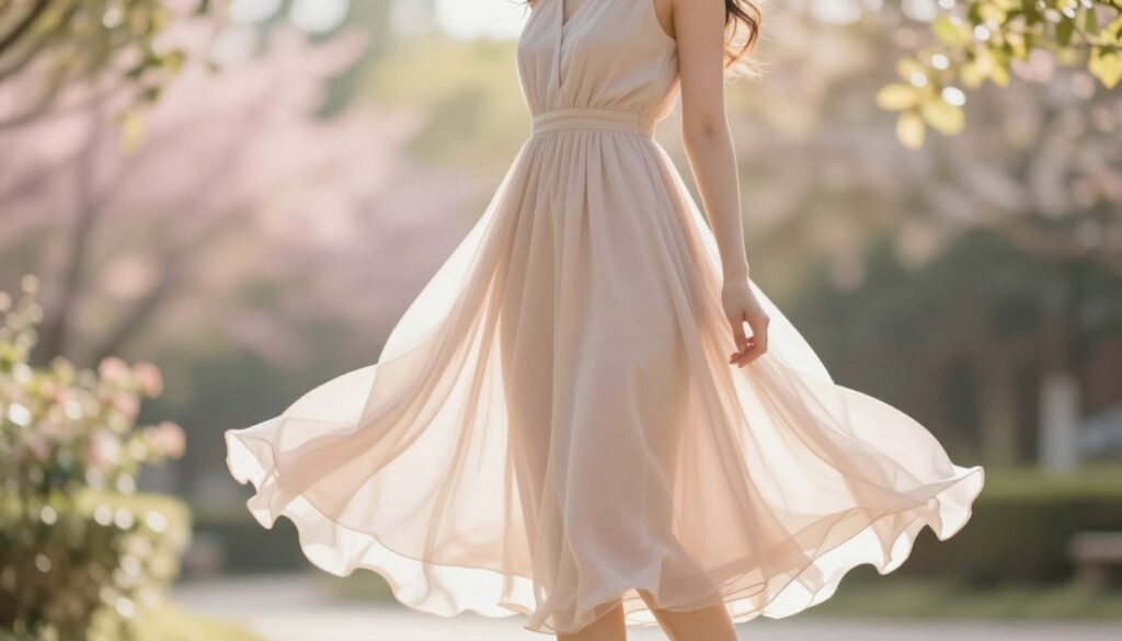 A chic and elegant silhouette of a woman wearing a flowy, knee-length dress that enhances her figure, made from light, airy fabric. The dress features a fitted bodice that highlights her waist and soft, cascading layers that create graceful movement. The foreground captures the silhouette in profile, emphasizing the curves and structure of the dress. In the middle ground, a soft, blurred garden setting with gentle pastel colors provides a serene backdrop, suggesting a peaceful ambiance. The background features dappled sunlight filtering through leaves, creating a warm, inviting atmosphere. The image is captured from a low angle to accentuate her elegance, highlighting the dress's design details while maintaining a sense of sophistication. The overall mood is one of lightness and elegance, ideal for showcasing fashion that flatters the figure.