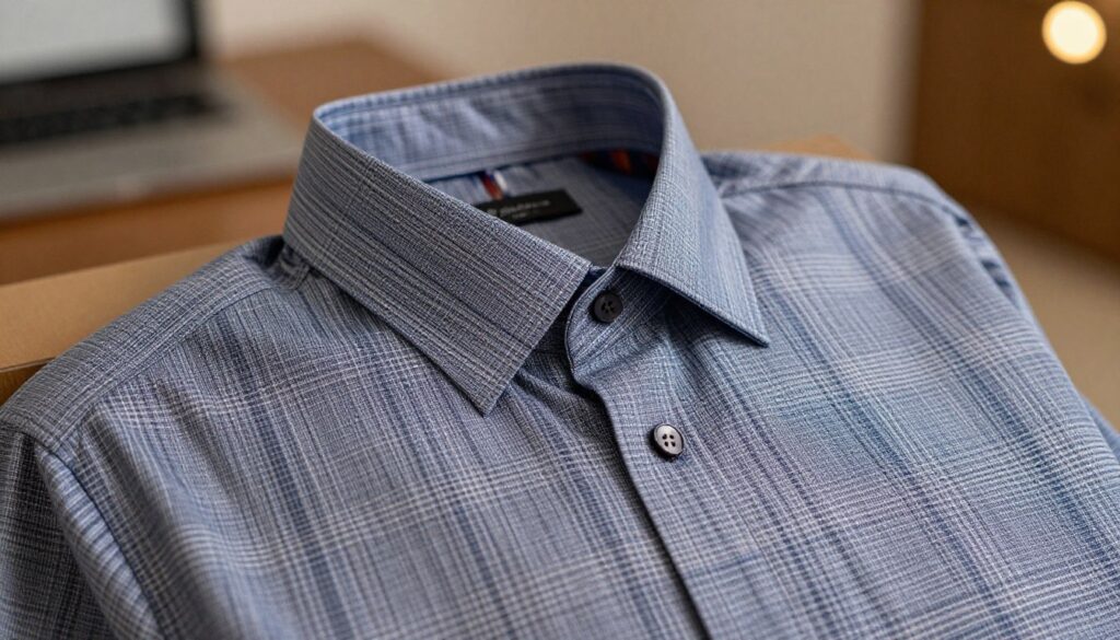 A close-up view of a well-structured dress shirt, showcasing intricate details such as a crisp collar, buttoned cuffs, and fine stitching. The shirt features a subtle pattern that complements a checkered suit, highlighting a harmonious blend of colors in shades of blue and gray. Slightly off-center, with a soft bokeh effect in the background, blurred hints of a stylish office setting create an elegant atmosphere. The lighting is warm and inviting, accentuating the textures of the fabric and the sheen of the buttons. Capture this image from a slight overhead angle to emphasize the collar and cuff details, reflecting professionalism and sophistication in business attire.