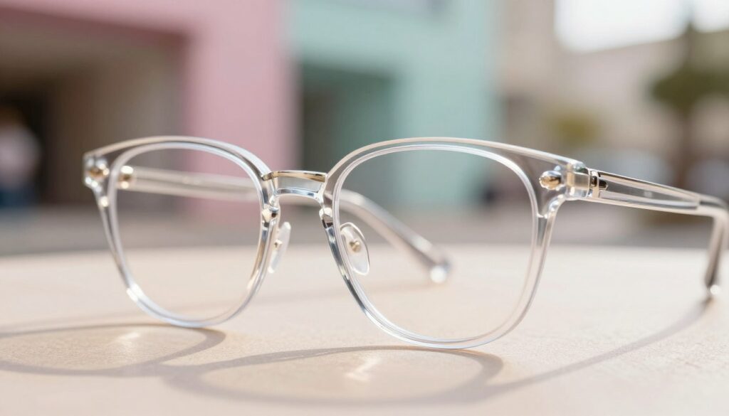 A close-up view of modern transparent glasses frames, showcasing their stylish design and intricate details. The foreground features a pair of elegant transparent eyeglasses resting on a soft, textured surface, allowing the light to create subtle reflections and highlights. In the middle, a blurred background of a trendy urban environment with soft pastel colors enhances the contemporary feel, hinting at a fashionable atmosphere. Natural lighting casts a warm glow, creating an inviting and chic ambiance. The focus is on the glasses, emphasizing their unique shape and the clarity of the transparent material. The overall mood is stylish and sophisticated, illustrating a current trend in eyewear fashion without any distractions. A close-up view of modern transparent glasses frames, showcasing their stylish design and intricate details. The foreground features a pair of elegant transparent eyeglasses resting on a soft, textured surface, allowing the light to create subtle reflections and highlights. In the middle, a blurred background of a trendy urban environment with soft pastel colors enhances the contemporary feel, hinting at a fashionable atmosphere. Natural lighting casts a warm glow, creating an inviting and chic ambiance. The focus is on the glasses, emphasizing their unique shape and the clarity of the transparent material. The overall mood is stylish and sophisticated, illustrating a current trend in eyewear fashion without any distractions.