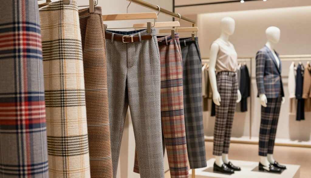 A diverse collection of fabric patterns, prominently featuring checks, stripes, and tennis-inspired designs, displayed on elegant mannequins in a chic boutique setting. The foreground showcases close-up shots of these fabrics, highlighting the textures, intricate weaves, and vibrant colors. In the middle, stylish, tailored pants made from these fabrics hang on sleek hangers, accented by minimalist accessories like belts and shoes that complement the patterns. The background presents a softly lit, modern boutique atmosphere with neutral tones, creating a sophisticated mood. The light gently illuminates the textures, emphasizing the elegance of the fabrics. Focus on a clean, organized composition that draws attention to the fashion-forward designs without any text or distractions.