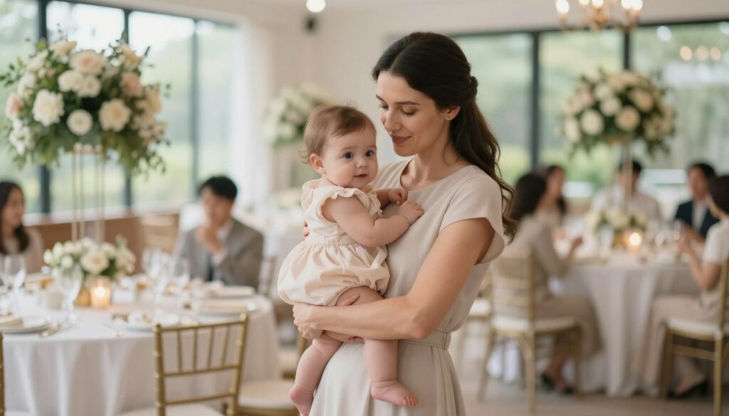 A gracefully styled dress with a modest yet elegant neckline, suitable for a family celebration. The dress is a soft pastel color, accentuating the feeling of lightness and joy. In the foreground, a mother gently cradles her baby, wearing simple, professional attire that allows for comfort and ease of movement. The background features a beautifully decorated venue with delicate floral arrangements and soft lighting, creating an inviting and serene atmosphere. The scene is captured with a shallow depth of field, emphasizing the bond between mother and child while softly blurring the background. Natural soft lighting filters through large windows, enhancing the cheerful mood of the gathering while maintaining an elegant aesthetic.