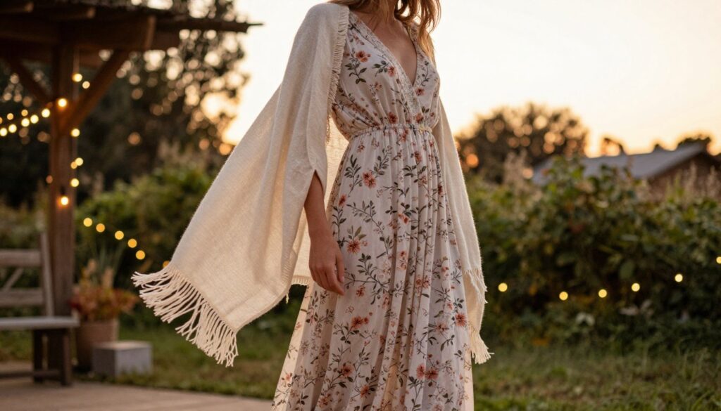 A serene boho-inspired scene featuring a model wearing a long, flowing dress adorned with delicate floral patterns in pastel shades. In the foreground, the model is draped with a lightweight, fringed shawl that adds texture, evoking a relaxed yet elegant vibe. The middle ground showcases a rustic outdoor setting, complete with lush greenery and soft, warm lighting as the sun sets, casting a golden hue. In the background, blurred silhouettes of trees and twinkling fairy lights enhance the enchanting atmosphere. The composition captures a sense of grace and comfort, perfect for a wedding evening. The mood reflects sophistication and laid-back elegance, inviting viewers to embrace the boho style.