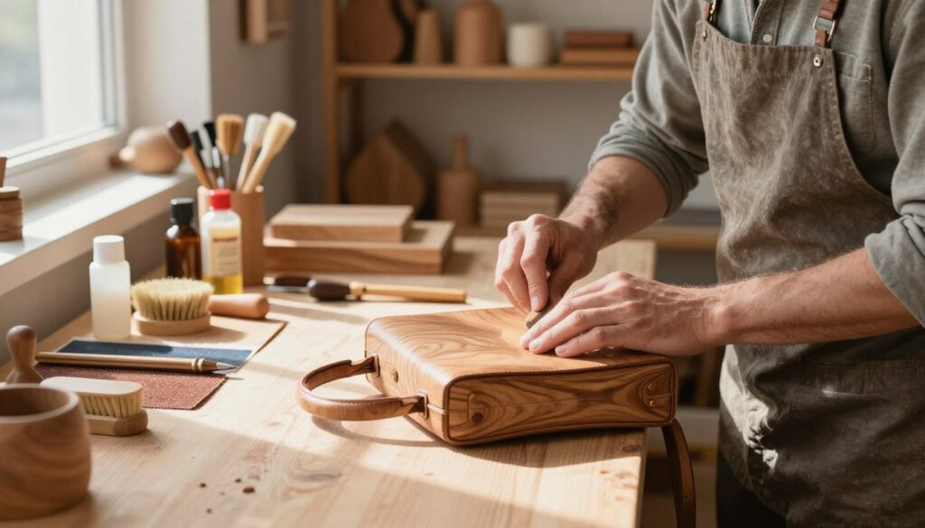 A serene workshop setting dedicated to wood care. In the foreground, a skilled artisan gently sanding a wooden handbag, showcasing the texture and grain of the wood. The artisan is dressed in modest casual clothing, exuding professionalism and passion for their craft. In the middle ground, various tools of wood maintenance are neatly arranged: an assortment of sandpaper, wood polish, and natural brushes, with soft sunlight filtering through a nearby window, casting warm, inviting shadows. In the background, shelves filled with finished wooden items create a cozy atmosphere, highlighting the longevity and beauty of wood. The overall mood is calm and focused, evoking a sense of dedication to craftsmanship and the art of wood preservation.