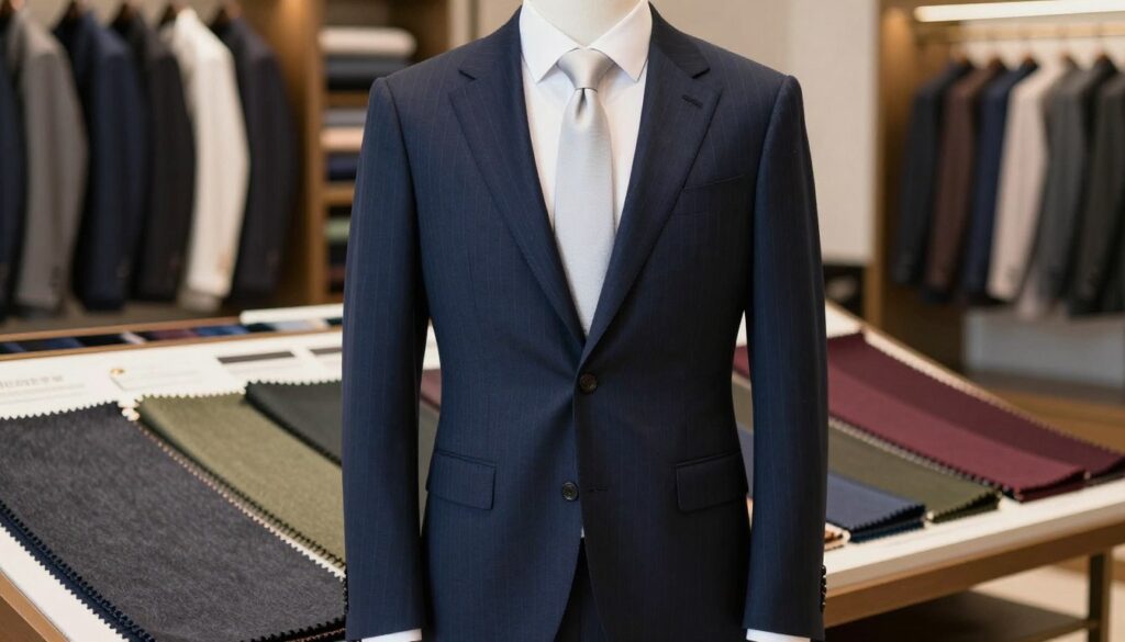 A sophisticated and stylish display of colors, patterns, and fabrics designed to create a slimming effect. In the foreground, a tailored suit in deep navy blue, with vertical pinstripes and a well-fitted blazer, showcases flattering lines. The suit is complemented by a crisp white shirt and a minimalist tie that emphasizes elegance. In the middle ground, neatly arranged swatches of luxurious fabrics in muted earth tones — charcoal gray, olive green, and burgundy — reflect versatile choices for a man looking to enhance his silhouette. The background is softly blurred, featuring an upscale clothing store interior with warm lighting that creates an inviting atmosphere. The focus is on professionalism and refinement, suitable for a modern business environment, captured with a soft-focus lens to evoke a chic and polished mood.