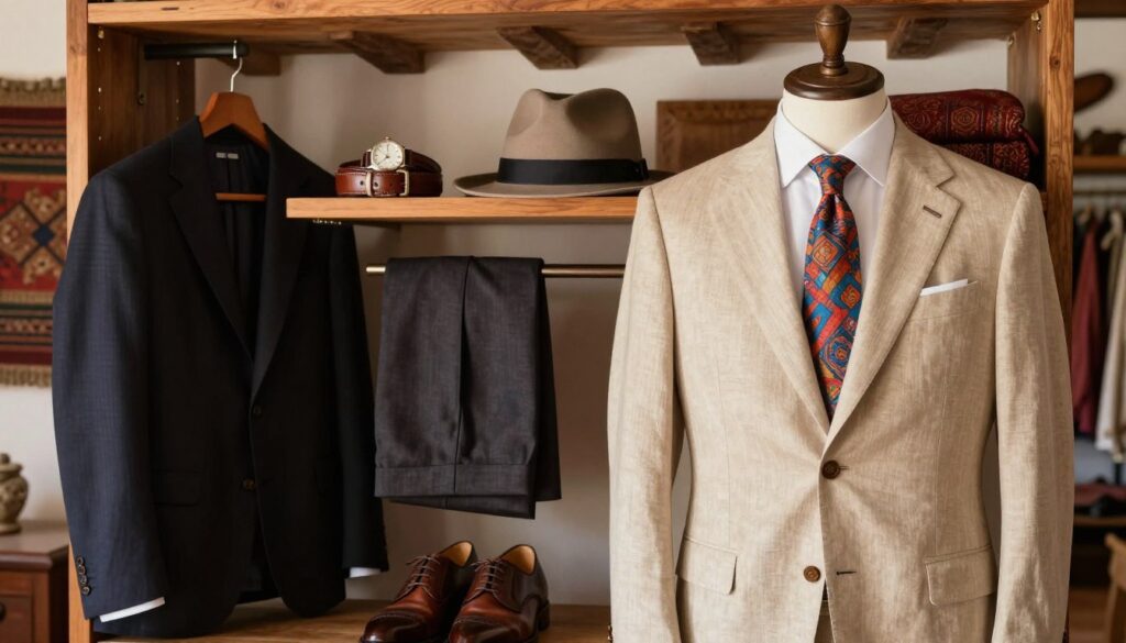 A stylish Spanish wardrobe featuring essential elements that define Spanish men's fashion. In the foreground, display a neatly arranged array of clothing items: a well-tailored, lightweight linen suit in sandy beige, a crisp white shirt, and a vibrant patterned silk tie. Include traditional elements such as a tailored dark blazer, fitted trousers, and a pair of polished leather shoes. In the middle ground, add accessories like a classic leather belt, a stylish fedora, and an elegant wristwatch. The background should showcase a warm, sunlit interior with rustic Spanish decor—exposed wooden beams and rich textiles creating a cozy atmosphere. Use soft, natural lighting to evoke a sense of sophistication and allure, capturing the essence of Spanish fashion. The composition should be balanced and inviting, emphasizing cultural elegance.