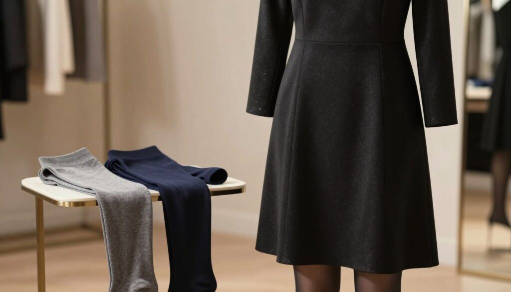 A stylish black dress displayed elegantly on a hanger against a softly lit backdrop. The dress has an A-line silhouette, with a subtle sheen that catches the light, revealing its luxurious fabric. In the foreground, a pair of semi-opaque tights in a complementing color are casually draped nearby, hinting at potential matches for the dress. The middle ground showcases a small elegant table with a selection of tights in shades of gray and navy, each pair arranged artistically to emphasize their textures. The background features a blurred, neutral-toned interior setting, evoking a warm and inviting atmosphere. The lighting is soft and flattering, creating a sophisticated mood that highlights the elegance of the attire. The scene captures the essence of fashion coordination, focusing on complementing colors for a chic look.