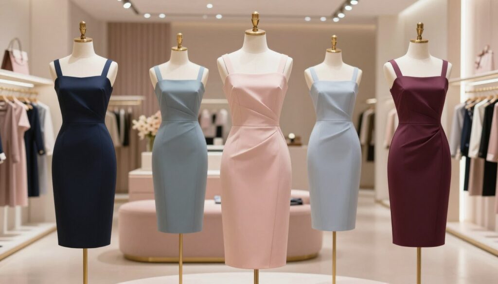A stylish collection of slimming dresses tailored for various body shapes, displayed on elegant mannequins or models. Each dress features distinctive designs, such as an A-line silhouette, strategic ruching, and clever color blocking that accentuates the waistline while providing a flattering fit. The scene is set in a modern boutique with soft, diffuse lighting that casts gentle shadows, highlighting the textures and fabrics of the dresses. The background is adorned with luxurious decor, like soft pastel colors and chic displays, creating a sophisticated atmosphere. Capture the essence of elegance and confidence, showcasing the transformative power of these dresses that enhance femininity and style. Focus on making the dresses the central point of interest, while ensuring a harmonious and inviting overall composition.