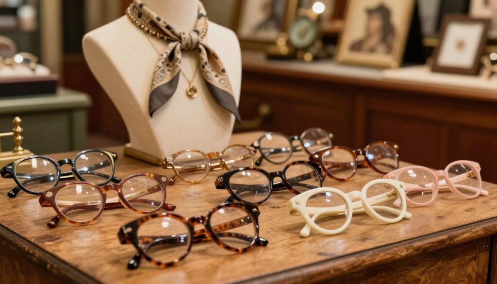 A stylish display of vintage women's eyeglasses arranged artistically on a textured wooden table. The foreground features a variety of retro frame shapes, including oversized cat-eye and round glasses, adorned with intricate details like floral engravings and unique colors such as tortoiseshell and pastel shades. In the middle ground, an elegantly styled mannequin wearing a chic 1960s-inspired outfit, complete with a scarf and modest jewelry, showcases the glasses. The background softly highlights a blurred vintage shop interior, with warm, inviting lighting that creates a nostalgic atmosphere. The angle is slightly tilted to emphasize the eyeglasses’ details and the fashionable essence of this timeless style. The overall mood is glamorous yet inviting, reflecting the enduring appeal of vintage eyewear. A stylish display of vintage women's eyeglasses arranged artistically on a textured wooden table. The foreground features a variety of retro frame shapes, including oversized cat-eye and round glasses, adorned with intricate details like floral engravings and unique colors such as tortoiseshell and pastel shades. In the middle ground, an elegantly styled mannequin wearing a chic 1960s-inspired outfit, complete with a scarf and modest jewelry, showcases the glasses. The background softly highlights a blurred vintage shop interior, with warm, inviting lighting that creates a nostalgic atmosphere. The angle is slightly tilted to emphasize the eyeglasses’ details and the fashionable essence of this timeless style. The overall mood is glamorous yet inviting, reflecting the enduring appeal of vintage eyewear.