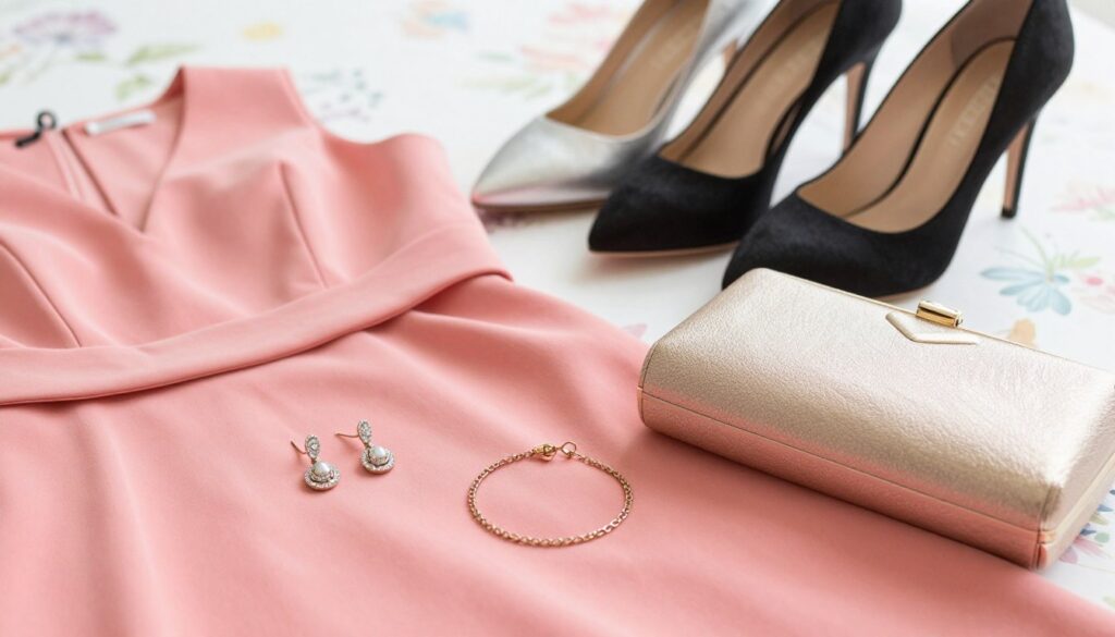 A stylish flat lay arrangement showcasing complementary accessories for a raspberry pink dress suitable for a wedding. In the foreground, include elegant jewelry pieces such as sparkling earrings and a delicate bracelet, alongside a chic clutch in a contrasting color, like gold or soft beige. In the middle ground, place stunning high-heeled shoes, possibly in silver or black, arranged artistically. The background should feature a subtle, soft-focus floral pattern to evoke a romantic atmosphere. Utilize bright, natural lighting to highlight the textures and colors, with a shallow depth of field to keep the focus on the accessories. The overall mood should be sophisticated and inviting, capturing the essence of wedding fashion.
