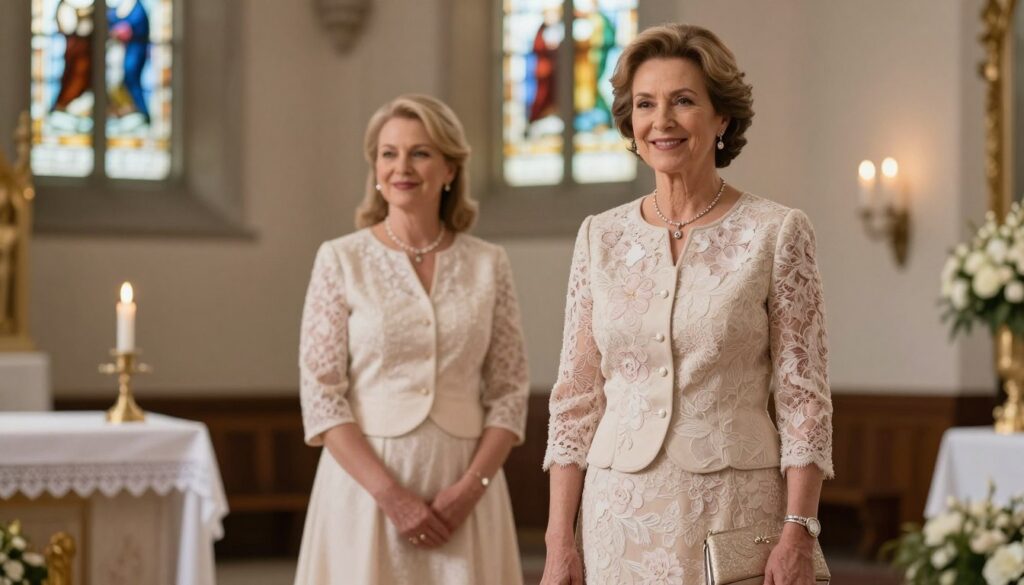A stylish godmother at a baptism wearing a sophisticated, elegant dress in soft pastel colors, featuring lace and floral patterns. The dress is knee-length, paired with a tailored, matching jacket. She accessorizes with a tasteful clutch and delicate jewelry, conveying grace and poise. In the foreground, the godmother stands confidently with a gentle smile, while in the middle ground, a softly focused background reveals a serene church setting with stained glass windows and soft candlelight, enhancing the atmosphere of the occasion. Use natural, warm lighting to create a harmonious mood, and capture the scene from a slightly elevated angle, emphasizing the godmother’s attire and the elegance of the setting. The overall tone should be sophisticated and inviting, reflecting the joy of the moment.