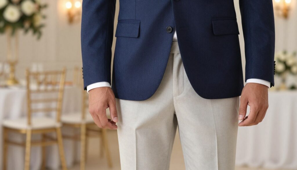 A stylish outfit featuring elegant navy blue blazer with tailored pants suitable for a wedding. In the foreground, showcase a pair of perfectly fitted trousers in a complementary color, such as light gray or cream. The middle ground highlights the elegant fabric textures, possibly a herringbone or fine wool, capturing rich details and subtle sheen. The background should be softly blurred, suggesting an upscale wedding venue with gentle, warm lighting that creates an inviting and sophisticated atmosphere. The overall mood is refined and fashionable, embodying smart, elegant choices for men’s wedding attire. Capture from a slight angle to enhance depth, ensuring a balanced composition that emphasizes the color coordination essential for pairing trousers with a navy blazer.