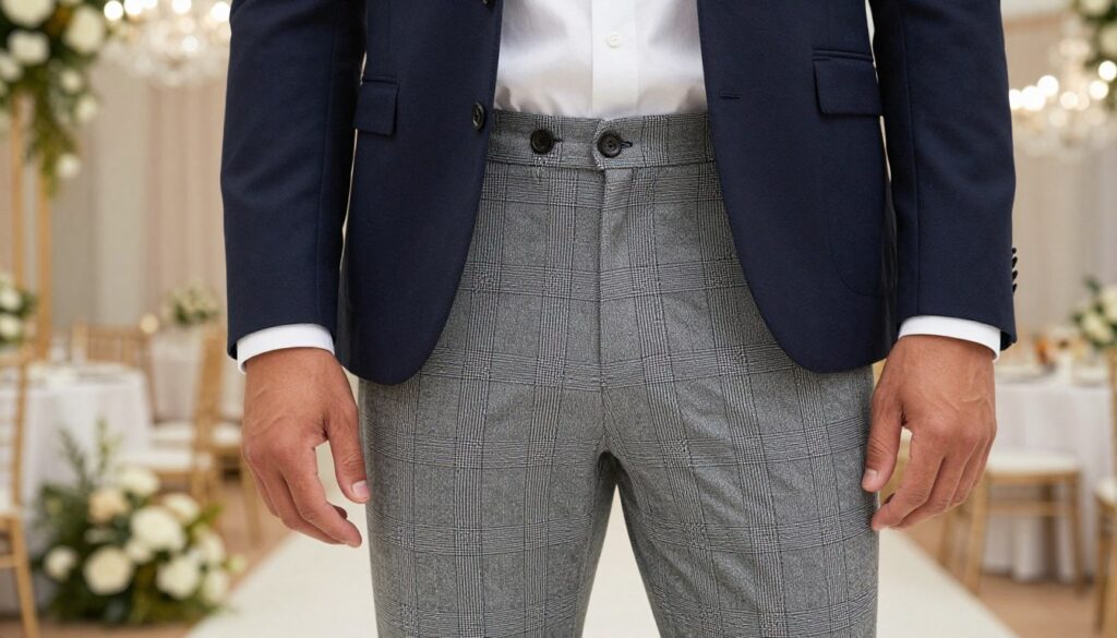 A stylish pair of checkered trousers in a sophisticated grey and navy pattern, tailored to perfection. The trousers are showcased in a close-up, highlighting their elegant fabric and crisp lines, emphasizing a formal yet modern look. A sharp navy blazer is worn casually over a crisp white dress shirt, creating an appealing contrast that conveys refinement. The background features an elegantly decorated indoor wedding venue with soft, diffused lighting that enhances the sophistication of the outfit. The atmosphere is warm and inviting, capturing the essence of a stylish wedding setting. There are no visible distractions, ensuring the focus remains on the elegant pairing of the checkered trousers and navy blazer, embodying contemporary elegance.