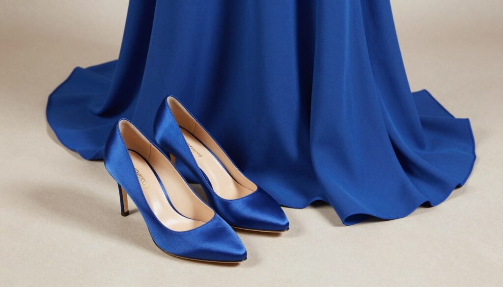 A stylish pair of elegant blue heels, made of satin, are carefully placed on a soft, neutral-toned surface. In the background, a beautiful, flowing blue dress hangs on a mannequin, showcasing the rich texture and varying shades of blue fabric. The scene is illuminated by soft, natural light, casting gentle shadows that enhance the contours of the shoes and dress. The angle is slightly overhead, giving a clear view of the details while maintaining a delicate and fashionable atmosphere. The overall mood is sophisticated and inviting, perfect for an article about complementary styles for a blue dress. The image should be free of any text, logos, or distractions, focusing solely on the footwear and its relation to the dress.