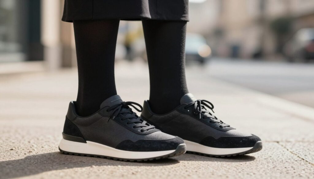 A stylish pair of trendy sneakers, designed for casual everyday wear, beautifully paired with elegant black tights. The sneakers feature a sleek, modern aesthetic with clean lines and subtle texture, showcasing a chic color contrast against the black tights. In the foreground, the shoes stand prominently on a soft, textured surface, while a hint of a classic black dress with a fitted silhouette is subtly visible. The background features a softly blurred urban setting, suggesting a casual yet sophisticated ambiance. Natural light filters in, creating warm highlights that accentuate the sneakers and tights. This scene embodies a blend of comfort and elegance, perfect for day-to-day fashion choices.