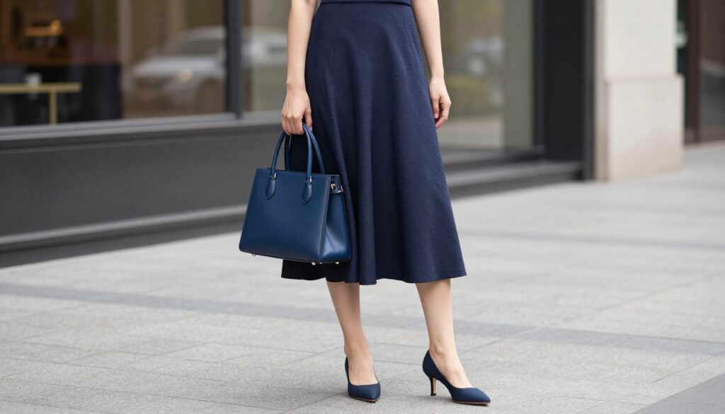 A stylish woman in a navy blue dress stands confidently in a chic urban setting. She is accessorized with a coordinating handbag in a deep shade of blue, showcasing elegance and sophistication. The dress features a fitted bodice and a flowing skirt, adorned with subtle textures that catch the light. Soft, natural lighting bathes the scene, enhancing the rich colors while casting gentle shadows. In the background, a softly blurred cityscape hints at an upscale environment, evoking a sense of modern elegance. The overall mood is polished and refined, perfect for showcasing a fashionable pairing of footwear that complements the outfit. Capture from a slightly elevated angle to draw attention to the attire and accessories without including any text or disruptive elements.