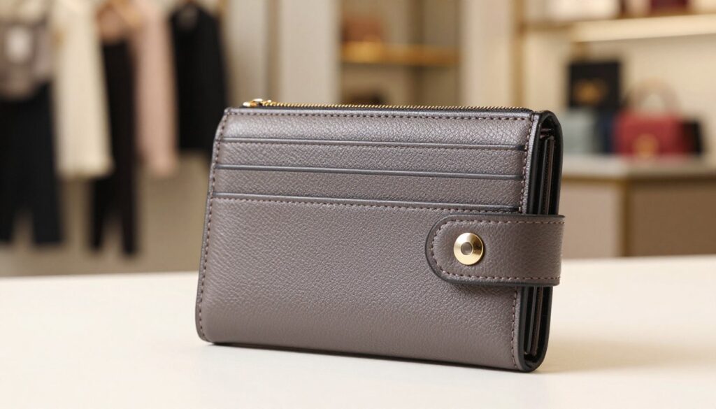 A stylish women's wallet designed with RFID protection prominently featured in the foreground. The wallet is made of high-quality leather, showcasing an elegant texture, with a sleek design that includes multiple compartments for cards and cash. In the middle background, a subtly blurred setting of a fashionable boutique is visible, enhancing the wallet's appeal. Soft, diffused natural light filters in, creating a warm atmosphere that highlights the wallet’s craftsmanship. The angle is slightly elevated, focusing on the wallet's details such as the RFID security elements, while maintaining a sophisticated and chic presentation. The overall mood is one of modern elegance, promoting both style and security.