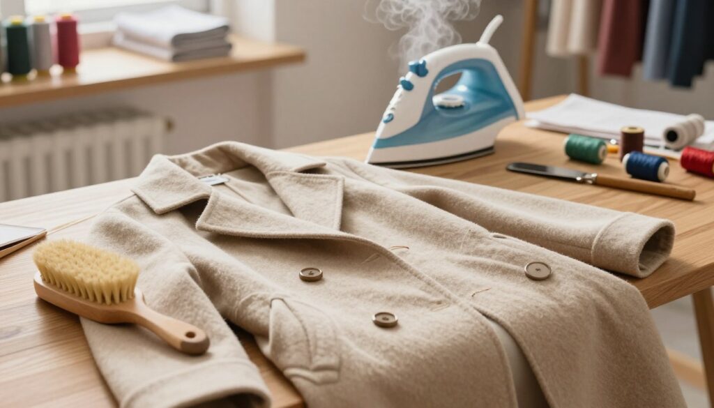 In a cozy, well-lit sewing room, an elegant outer garment, such as a wool coat, is displayed prominently in the foreground on a sleek wooden table. A soft, bristled clothing brush rests beside it, hinting at the brushing technique being showcased. In the middle ground, a steaming iron with vapor gently rising is positioned near the clothing, symbolizing the use of steam to refresh the garment's fabric. The background features neatly organized sewing supplies, including colorful threads and various tools, creating a warm and inviting atmosphere. The lighting is soft and natural, highlighting the textures of the fabric and the brush, evoking a sense of care and craftsmanship.