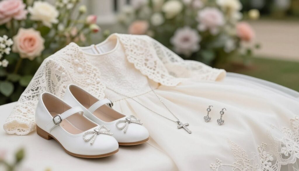 A beautifully arranged display of elegant accessories for a girl's first communion outfit. In the foreground, feature stylish white leather shoes with delicate embellishments, a lightweight lace shawl draped elegantly beside them, and sparkling silver jewelry pieces like a small cross necklace and matching earrings. The middle ground includes a soft, creamy fabric used for the dress, subtly textured, hinting at a traditional design. The background should be softly blurred, featuring pastel-colored flowers and a gentle garden setting to evoke a serene, celebratory atmosphere. Natural soft lighting enhances the elegance, and the angle captures the items from a slightly elevated viewpoint, creating an inviting and sophisticated mood.