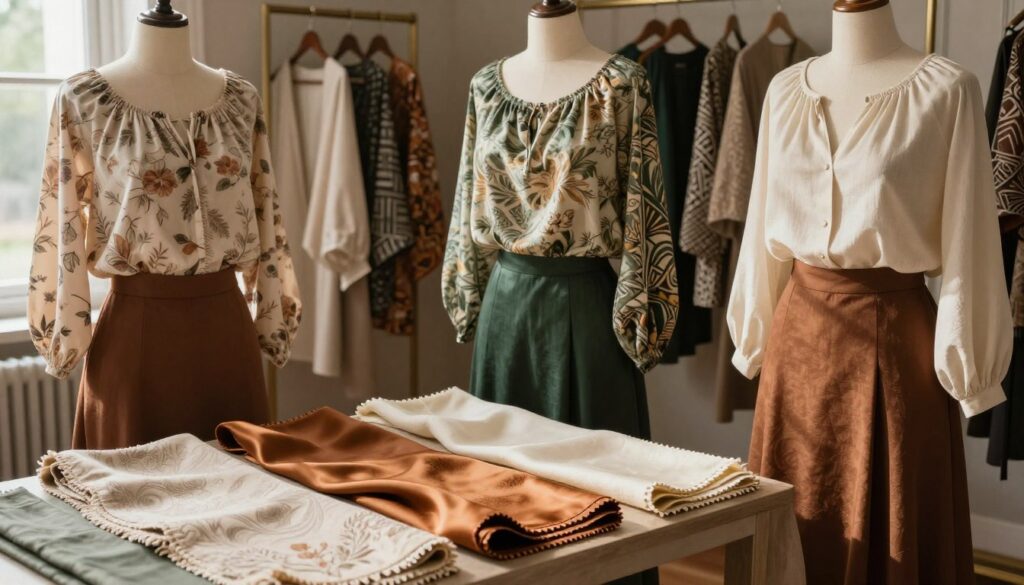 A beautifully arranged display of various blouse fabrics suitable for pairing with a brown skirt. In the foreground, showcase swatches of luxurious materials like silk, cotton, and linen in earthy tones—warm browns, soft creams, and rich greens. The middle layer features elegantly draped blouses with diverse patterns, such as floral prints and geometric designs, positioned against an inviting backdrop of a softly lit, stylish dressing room. Natural light filters through a nearby window, creating gentle shadows that enhance the textures of the fabrics. The atmosphere should feel sophisticated and refined, highlighting the art of fabric combination. Focus on the elegance of the materials, promoting a sense of elevated style.