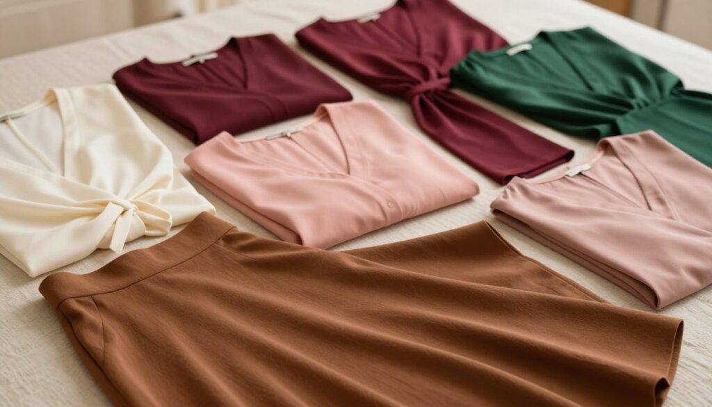 A beautifully arranged flat lay featuring a variety of blouses in colors that complement a brown skirt, showcasing the color palette that enhances the outfit. The foreground should include a soft, textured brown skirt gracefully draped. In the middle, vivid blouses in shades such as cream, soft pink, deep maroon, and forest green should be neatly styled, displaying different cuts like fitted, flowy, and wrap styles. The background can be a blurred, soft-focus textured fabric to create a warm, inviting atmosphere. Utilize natural, diffused lighting to enhance the colors, with a shallow depth of field to highlight the blouses while keeping the skirt elegantly central. The overall mood should be stylish and sophisticated, perfect for a fashion article.