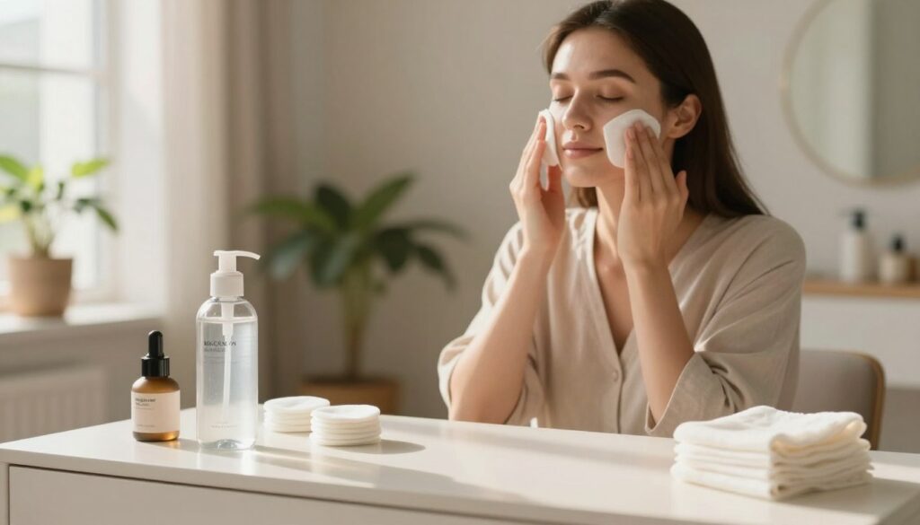 A beautifully arranged scene featuring a gentle demakijaż (makeup removal) process. In the foreground, a modern, elegant vanity table holds an array of high-quality skincare products: a delicate bottle of micellar water, cotton pads, and a soothing face cloth. Soft natural lighting filters in from a nearby window, casting a warm glow over the products. In the middle ground, a woman in modest casual clothing is cleansing her face, with a serene expression, showcasing the importance of gentle cleansing, even with light makeup. The background features calming elements like potted plants and light-colored walls, creating a soothing atmosphere. The overall mood is tranquil, emphasizing self-care and the essential steps for effective facial cleansing.