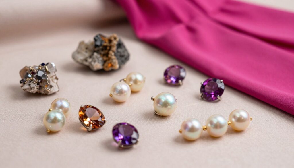 A beautifully arranged selection of jewelry laid out on a soft, elegant fabric background, highlighting vibrant gemstones suitable for pairing with a fuchsia dress. In the foreground, glistening crystals and iridescent pearls catch the light, showcasing their unique textures and hues. The middle layer features natural minerals, artfully scattered alongside the gems, emphasizing their earthy elegance. The background is softly blurred to draw focus on the jewelry, with gentle, warm lighting creating a luxurious and inviting atmosphere. The image conveys sophistication, with a harmonious balance of color that emphasizes the beauty of jewelry against the striking fuchsia theme.