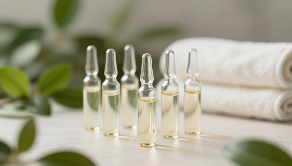 A beautifully arranged set of facial brightening ampoules, featuring delicate glass containers with elegant droppers, set against a soft, blurred backdrop of a spa-like environment. The foreground showcases the gleaming ampoules, filled with luminous, pale liquid displaying subtle iridescent qualities. In the middle ground, we can see a serene skincare table with lush greenery and soft towels, enhancing the tranquil atmosphere. The lighting is soft and diffused, creating a calming and inviting ambiance, emphasizing the luxurious feel of the skincare products. The camera angle is slightly elevated, focusing on the beauty of the ampoules while capturing the essence of soothing skincare. The mood is peaceful and rejuvenating, enticing viewers to explore the benefits of brightening treatments. A beautifully arranged set of facial brightening ampoules, featuring delicate glass containers with elegant droppers, set against a soft, blurred backdrop of a spa-like environment. The foreground showcases the gleaming ampoules, filled with luminous, pale liquid displaying subtle iridescent qualities. In the middle ground, we can see a serene skincare table with lush greenery and soft towels, enhancing the tranquil atmosphere. The lighting is soft and diffused, creating a calming and inviting ambiance, emphasizing the luxurious feel of the skincare products. The camera angle is slightly elevated, focusing on the beauty of the ampoules while capturing the essence of soothing skincare. The mood is peaceful and rejuvenating, enticing viewers to explore the benefits of brightening treatments.
