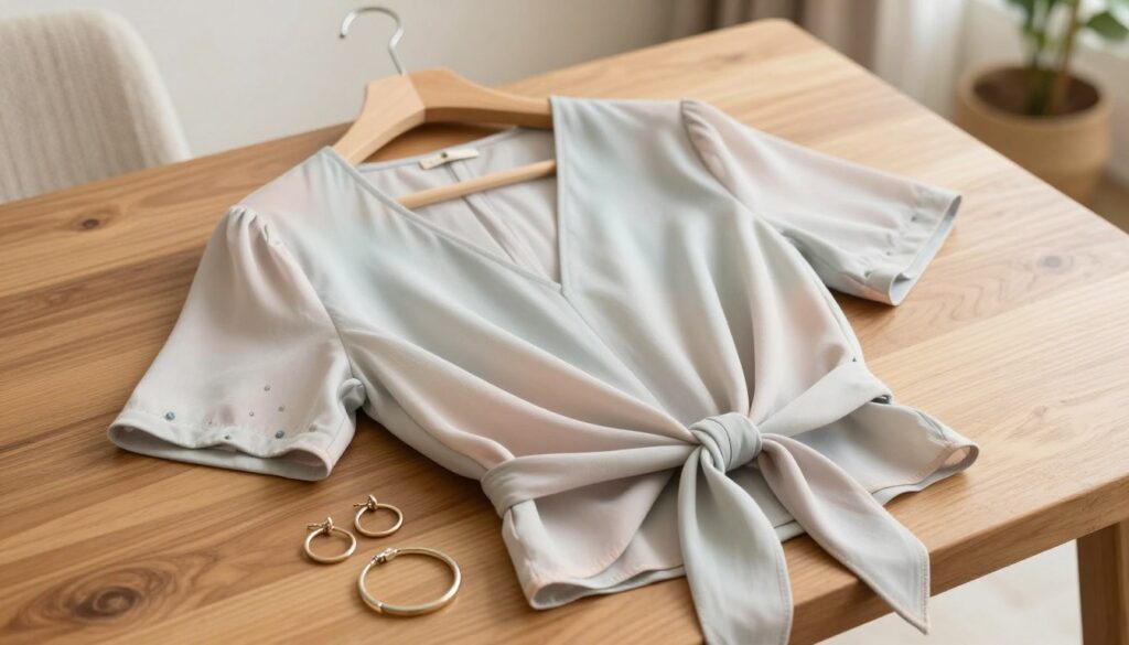 A beautifully styled blouse made of lightweight, airy fabric in soft pastel colors, draped elegantly on a hanger. The blouse features a unique knot at the bottom, emphasizing the waistline. In the foreground, delicate accessories like a pair of simple hoop earrings and a matching bracelet are neatly arranged beside the blouse. The middle ground showcases a softly lit wooden table that adds warmth, while the softly blurred background reveals a cozy, stylish interior with light natural elements and soft textiles. The warm lighting creates an inviting and fashionable atmosphere, perfect for showcasing the charm of this trendy outfit. Shot from a slightly elevated angle to capture all elements clearly, focusing on texture and detail.