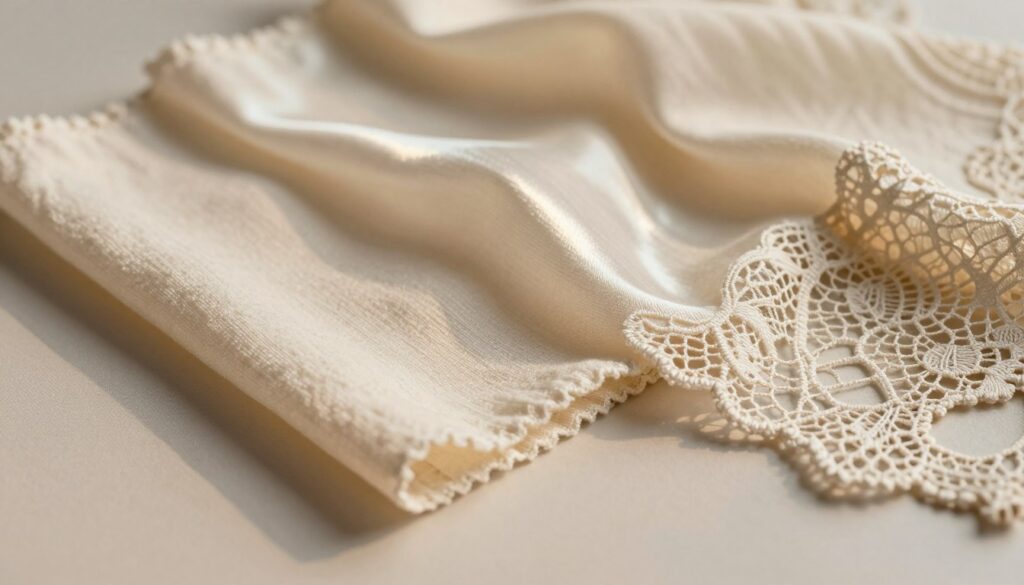 A beautifully styled flat lay of various fabric swatches representing cotton, synthetic materials, and delicate textiles arranged on a soft, neutral background. In the foreground, the cotton swatch displays a subtle weave texture with a light, airy appearance, while the synthetic fabric has a glossy finish reflecting soft ambient light. The delicate textile showcases intricate lace patterns, adding elegance to the composition. The lighting is warm and inviting, casting gentle shadows that enhance the textures of each fabric. The mood is serene and focused, perfect for illustrating fabric choices in stain removal. A shallow depth of field captures the details of the textures, emphasizing the quality and characteristics of each material without any distractions in the background. A beautifully styled flat lay of various fabric swatches representing cotton, synthetic materials, and delicate textiles arranged on a soft, neutral background. In the foreground, the cotton swatch displays a subtle weave texture with a light, airy appearance, while the synthetic fabric has a glossy finish reflecting soft ambient light. The delicate textile showcases intricate lace patterns, adding elegance to the composition. The lighting is warm and inviting, casting gentle shadows that enhance the textures of each fabric. The mood is serene and focused, perfect for illustrating fabric choices in stain removal. A shallow depth of field captures the details of the textures, emphasizing the quality and characteristics of each material without any distractions in the background.