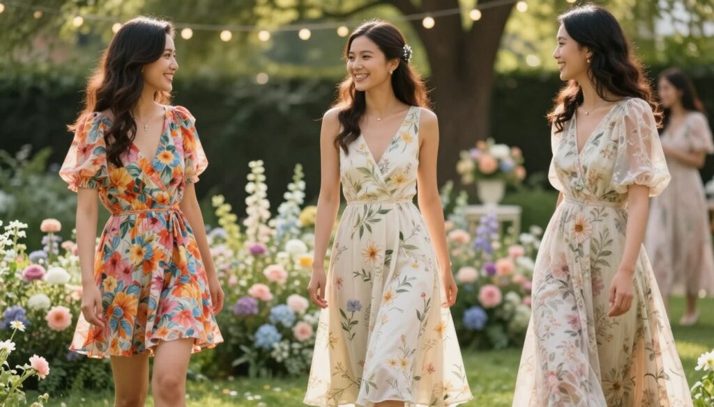 A beautifully styled outdoor setting featuring three women of diverse backgrounds showcasing floral-patterned dresses in varying lengths: one in a vibrant mini dress, another in an elegant midi dress, and the last in a flowing maxi dress. The foreground focuses on the women, dressed modestly with tasteful accessories, smiling and interacting in a joyful atmosphere. In the middle, lush greenery and blooming flowers create a soft and inviting backdrop while keeping the focus on the outfits. The background includes soft-focus, pastel-colored floral arrangements and fairy lights strung in the trees, creating a dreamy ambiance. The lighting is warm and natural, capturing the essence of a sunny wedding day. The angle is slightly elevated, allowing viewers to appreciate the full length of each dress while emphasizing their unique styles.