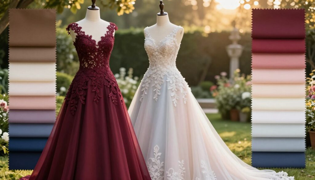A beautifully styled wedding dress in a vibrant array of colors, showcased elegantly on a mannequin. The foreground features the dress in rich shades of burgundy, navy blue, and soft pastels, with intricate lace details that hint at sophistication. Surrounding the dress is a curated selection of fabric swatches, each representing different color gradients to symbolize the theme of color harmony for various skin tones and times of day. In the background, a softly blurred garden setting with warm, golden sunlight filtering through lush greenery, creating a romantic and inviting atmosphere. The composition captures the essence of elegance and class, aimed at inspiring women in choosing the perfect wedding outfit, with a focus on delicate textures and soothing color contrasts.