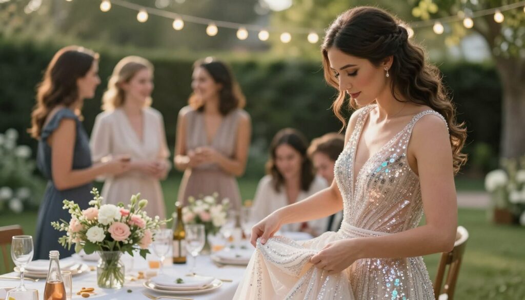 A beautifully styled wedding setting, featuring a woman in an elegant, sequined dress, carefully selecting the perfect outfit for a joyful occasion. The foreground shows her gracefully adjusting the sequins, which shimmer in the gentle sunlight, highlighting the dress's intricate details. In the middle ground, soft floral arrangements and delicate table settings enhance the festive atmosphere, while friends chat nearby, suggesting camaraderie. The background features a softly blurred garden filled with greenery and lights strung overhead, creating a romantic ambiance. The lighting is warm and inviting, reminiscent of a lovely afternoon wedding, captured with a soft focus lens to evoke a sense of comfort and joy in wearing sequins.