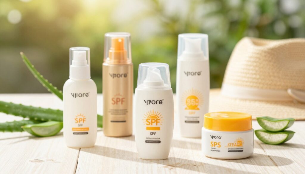 A bright, aesthetically pleasing flat lay composition showcasing a variety of sunscreen products specifically labeled for facial use. In the foreground, focus on a selection of elegant sunscreen bottles and jars, with labels clearly indicating SPF protection levels. The middle ground features natural elements like aloe vera and sun hats, emphasizing a sun protection theme. In the background, depict a serene outdoor setting like a sunlit garden with soft, diffused lighting, giving a warm atmosphere. Use a shallow depth of field to softly blur the background while keeping the foreground in sharp focus, highlighting the importance of daily facial care and sun protection. The image should evoke a sense of wellness and self-care, suitable for a professional skincare article.