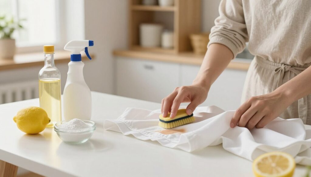 A bright and airy kitchen setting, featuring a clean white table with various natural cleaning ingredients like vinegar, baking soda, and lemon arranged artfully. In the foreground, a person in modest casual clothing is gently scrubbing a white blouse, focusing on a foundation stain. Soft, diffused lighting from a nearby window bathes the scene in a warm glow, highlighting the textures of the fabric and the natural ingredients. In the background, shelves filled with neatly organized household items create a sense of home and practicality. The atmosphere is calm and inviting, evoking a sense of hope and determination to remove the stain without damaging the delicate material. A bright and airy kitchen setting, featuring a clean white table with various natural cleaning ingredients like vinegar, baking soda, and lemon arranged artfully. In the foreground, a person in modest casual clothing is gently scrubbing a white blouse, focusing on a foundation stain. Soft, diffused lighting from a nearby window bathes the scene in a warm glow, highlighting the textures of the fabric and the natural ingredients. In the background, shelves filled with neatly organized household items create a sense of home and practicality. The atmosphere is calm and inviting, evoking a sense of hope and determination to remove the stain without damaging the delicate material.