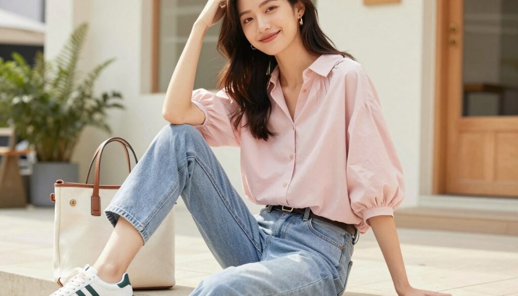 A casual daytime outfit display featuring a model wearing an oversized blouse in soft pastel tones, paired with light denim jeans. The foreground shows the model in a relaxed pose, smiling gently, with her hair down and natural makeup highlighting a fresh look. In the middle, include accessories like a stylish tote bag and trendy sneakers to emphasize comfort and fashion. The background depicts a bright, airy urban setting with soft focus on green plants and light-colored buildings, conveying a vibrant and relaxed atmosphere. The overall lighting is soft and warm, captured from a slightly lower angle to create an inviting and approachable mood.