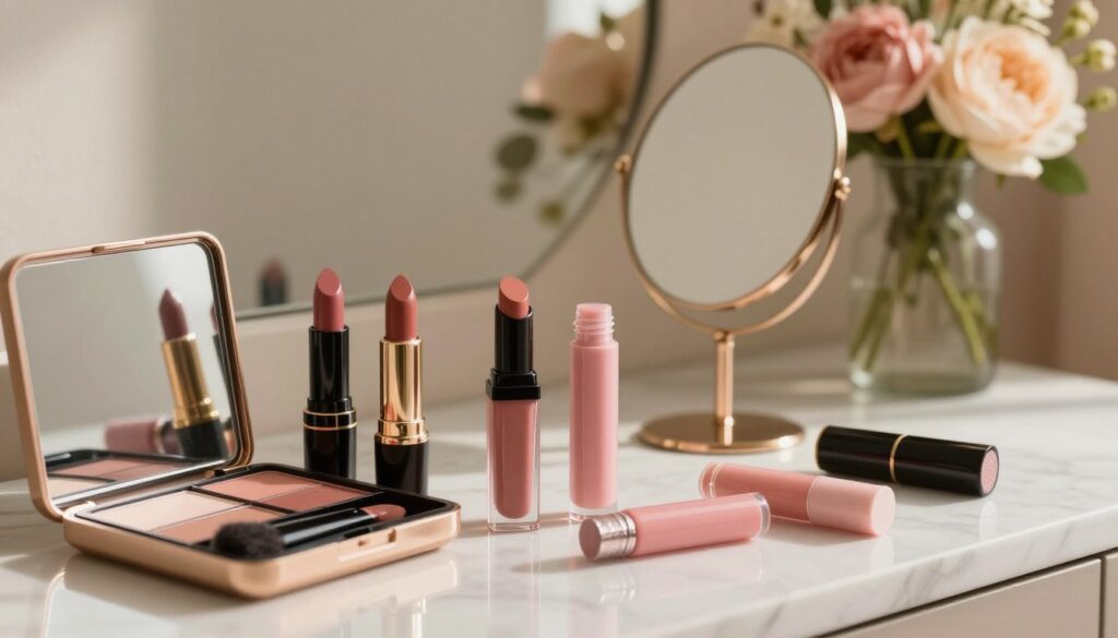 A chic, elegantly arranged makeup scene featuring a collection of lip products such as nude lipsticks, soft pink glosses, and shimmering balms. In the foreground, showcase a stylish, open makeup case with an assortment of these lip products artfully displayed. The middle ground should include a stylish hand mirror reflecting the natural hues of the lip colors, positioned delicately on a marble vanity. In the background, a soft-focus bouquet of fresh flowers adds a touch of warmth and beauty, inviting a serene atmosphere. The lighting is soft and warm, casting gentle shadows that enhance the textures of the products. Capture the mood of sophistication and calmness, suggesting a tasteful approach to beauty.