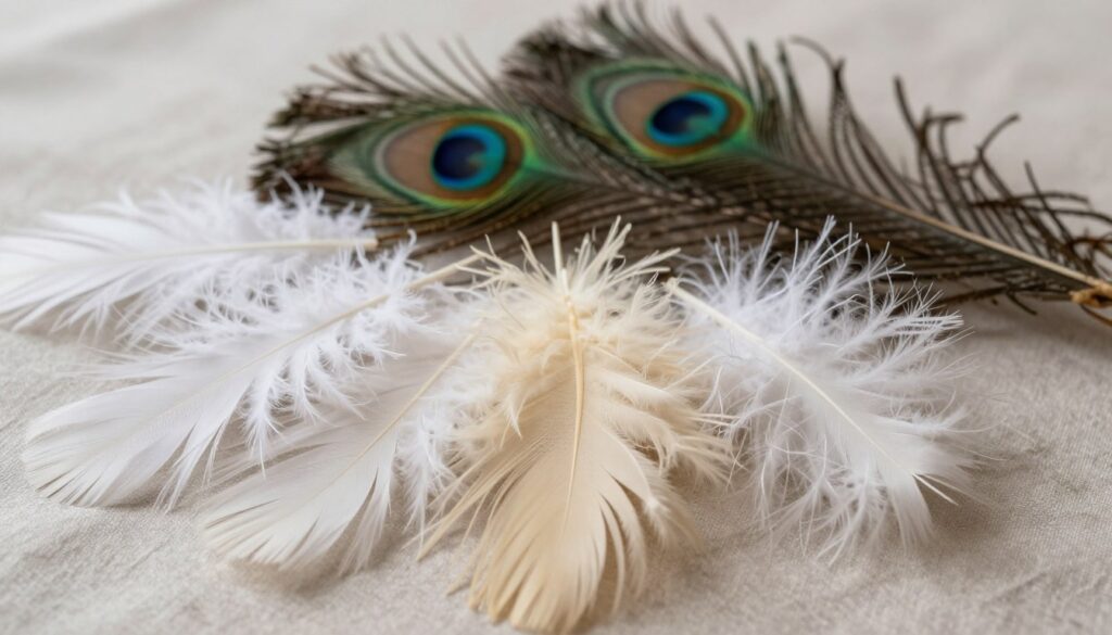 A close-up arrangement of elegant ostrich feathers displayed on a textured, neutral fabric background. The foreground features a variety of soft, plumed ostrich feathers in shades of white, cream, and light pastel colors, showcasing their intricate details and delicate structure. In the middle, slightly blurred, are marabou and peacock feathers, creating a harmonious blend of natural textures. The background remains soft-focused to emphasize the feathers, with gentle, diffused natural lighting that highlights their sheen and softness. Capture this arrangement from a top-down angle, creating a serene and artistic atmosphere, ideal for conveying the beauty and elegance of feather selection for dress embellishments.