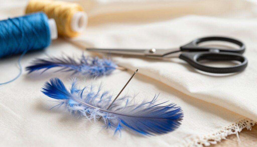 A close-up composition featuring sewing tools and materials essential for attaching feathers to a dress. In the foreground, highlight a sharp needle threaded with vibrant stitching thread, poised next to soft, delicate feathers in various colors like iridescent blues and whites. In the middle ground, arrange a small pair of scissors and a plush swatch of fabric to showcase the sewing context. The background should be softly blurred, providing a serene atmosphere, with warm, natural lighting to create an inviting workspace feel. The overall mood is one of creativity and craftsmanship, emphasizing precision and care in sewing techniques. No text or additional elements should distract from the focus on the tools and materials.