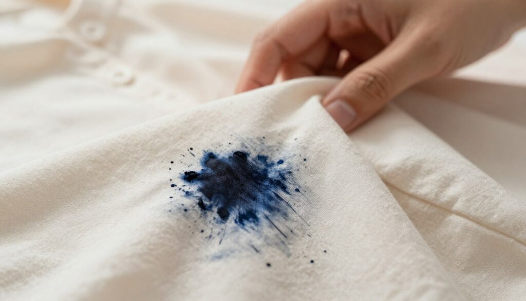 A close-up image of a dark ink stain from a ballpoint pen on a light-colored blouse fabric, showcasing the details of the fabric fibers and the ink's texture. The stain is prominently displayed in the foreground, revealing a vivid contrast between the deep blue-black ink and the soft, delicate fabric. In the middle ground, a faint hint of a hand can be seen gently touching the stained fabric, suggesting an immediate reaction. The background features a softly blurred setting with warm, natural lighting illuminating the scene, creating a calm atmosphere. The composition is a high-resolution, dynamic shot taken from a slight angle to emphasize the urgency of addressing the stain, evoking a sense of panic while maintaining a tranquil aesthetic.