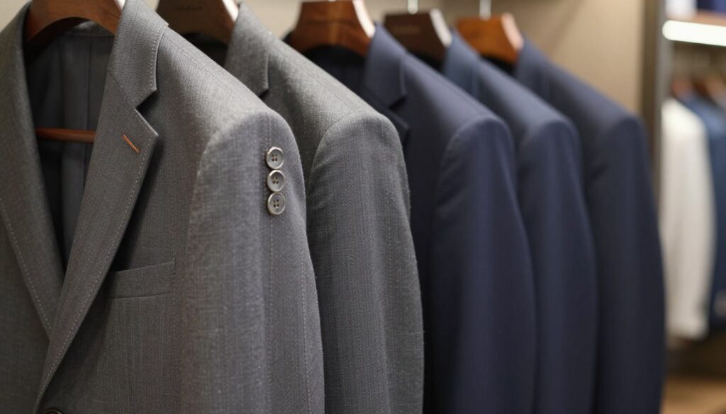 A close-up image showcasing the intricate details of a tailored blazer and a suit jacket, highlighting the differences in craftsmanship. In the foreground, focus on the buttons and stitching: the blazer with elegant metal buttons and fine, contrasting thread, and the suit jacket featuring classic, understated fabric-covered buttons and precise seams. The middle ground features the blazers hanging elegantly on high-quality wooden hangers, with subtle folds indicating their structure. The background is softly blurred, suggesting a softly lit, stylish boutique setting with muted colors. The atmosphere is professional and sophisticated, captured with soft, diffused lighting that adds depth, shot at a slightly angled perspective to emphasize the craftsmanship of each piece. A close-up image showcasing the intricate details of a tailored blazer and a suit jacket, highlighting the differences in craftsmanship. In the foreground, focus on the buttons and stitching: the blazer with elegant metal buttons and fine, contrasting thread, and the suit jacket featuring classic, understated fabric-covered buttons and precise seams. The middle ground features the blazers hanging elegantly on high-quality wooden hangers, with subtle folds indicating their structure. The background is softly blurred, suggesting a softly lit, stylish boutique setting with muted colors. The atmosphere is professional and sophisticated, captured with soft, diffused lighting that adds depth, shot at a slightly angled perspective to emphasize the craftsmanship of each piece.