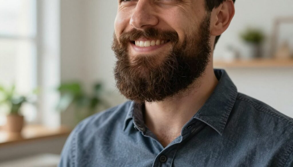 A close-up of a well-groomed, bearded man in his thirties, showcasing a healthy and thick beard. His facial hair is lush and evenly distributed, emphasizing the texture and fullness of the 'porost brody.' The man is wearing a stylish, fitted shirt in a professional casual style, with a warm smile that conveys contentment and confidence. The background is softly blurred, comprising a cozy, well-lit room adorned with potted plants and wooden shelves, suggesting a relaxed atmosphere. Soft natural light filters in from a window, enhancing the warmth of the scene. The composition is shot from an eye-level angle to create an intimate and engaging perspective, aiming to inspire viewers to think positively about personal grooming.