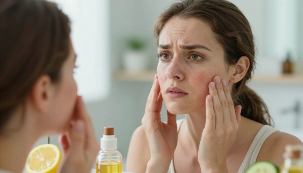 A close-up of a well-groomed woman examining her face in a bright, well-lit bathroom. She has a concerned expression as she studies her skin for imperfections and discolorations, reflecting the theme of enhancing and worsening skin conditions. The foreground features her hands gently touching her cheeks, with natural skincare ingredients like lemon slices, honey jars, and cucumber slices artistically arranged around her. In the background, soft, diffused lighting casts a warm glow, emphasizing the clean and inviting atmosphere of the space. The color palette should include soft, soothing hues of green and white. The overall mood conveys concern and reflection, resonating with the topic of home remedies for skin issues.