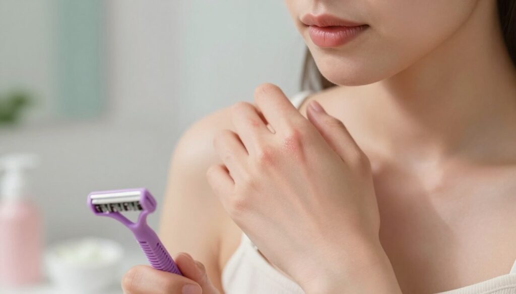 A close-up of a woman's skin showing irritation after shaving, with visible red bumps and a slight sheen indicating sensitivity. The background should be softly blurred to emphasize the skin condition, with a bathroom setting characterized by soothing colors—pastels and gentle lighting creating a calming atmosphere. In the foreground, include a razor and a soothing cream or lotion, hinting at solutions for irritation. The image captures a moment of self-care, with soft, natural lighting illuminating the skin's texture. The overall mood is focused yet tranquil, illustrating the concern of skin irritation while promoting a sense of care and recovery.