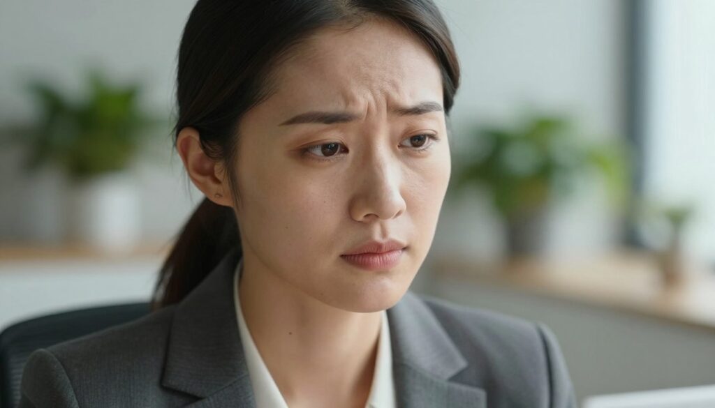A close-up portrait of a professional woman in her early 30s, showcasing a subtle yet visible 'lion's wrinkle' (furrow) between her brows. She has an expression that conveys a mix of contemplation and confidence. The woman is dressed in a smart, tailored business suit, her hair styled neatly. The lighting is soft and natural, highlighting her facial features without harsh shadows, creating a warm and inviting atmosphere. The background is a softly blurred office setting, filled with plants and subtle decorative elements that suggest professionalism and a modern workspace. The angle is slightly above eye level, capturing her in a thoughtful moment, emphasizing the interplay of light and shadow on her forehead and the area around her eyes, focusing on the wrinkle that characterizes this stage of life. A close-up portrait of a professional woman in her early 30s, showcasing a subtle yet visible 'lion's wrinkle' (furrow) between her brows. She has an expression that conveys a mix of contemplation and confidence. The woman is dressed in a smart, tailored business suit, her hair styled neatly. The lighting is soft and natural, highlighting her facial features without harsh shadows, creating a warm and inviting atmosphere. The background is a softly blurred office setting, filled with plants and subtle decorative elements that suggest professionalism and a modern workspace. The angle is slightly above eye level, capturing her in a thoughtful moment, emphasizing the interplay of light and shadow on her forehead and the area around her eyes, focusing on the wrinkle that characterizes this stage of life.