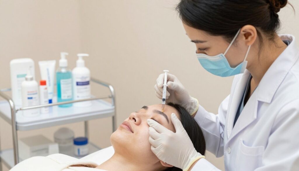 A close-up portrayal of a professional aesthetician demonstrating facial volumetry techniques. In the foreground, a well-groomed clinician in a white lab coat and gloves gently examines the face of a client, who is sitting comfortably in a modern treatment chair. The clinician holds a syringe with a dermal filler, emphasizing the precision of the procedure. In the middle ground, various high-quality cosmetic products and tools are neatly arranged on a clean, glossy countertop, showcasing the items used in facial volumetry. The background features soft, diffused lighting creating a serene and clinical atmosphere, with light pastel colors reflecting the tranquility of the setting. The overall mood conveys professionalism and care in aesthetic treatments.