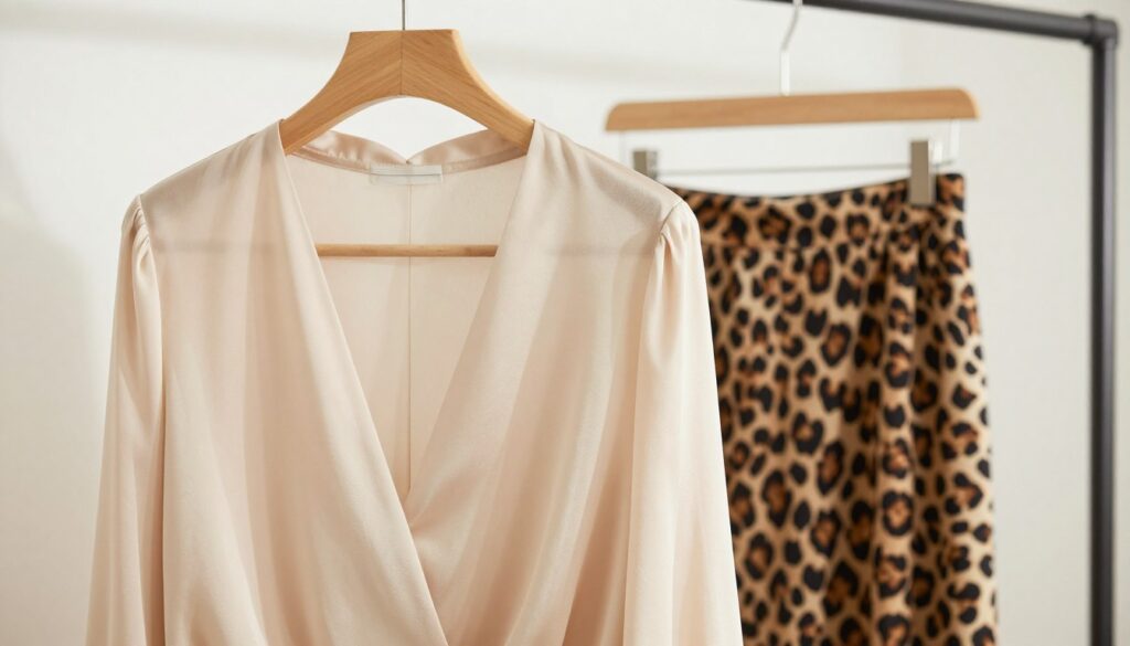 A close-up shot of a stylish blouse, showcasing a luxurious fabric with a rich texture, such as silk or chiffon, in a soft beige or cream color. The blouse is elegantly draped, emphasizing its fluid movement and refined silhouette. In the foreground, place the blouse on a minimalist wooden hanger against an off-white wall to highlight its details. In the background, softly blurred, a sleek leopard print skirt hangs on a stylish rack, offering a contrast to the blouse. Soft, natural lighting illuminates the scene, casting gentle shadows that enhance the texture of the fabric. The mood is sophisticated and chic, evoking a sense of modern elegance and fashion-forward thinking.