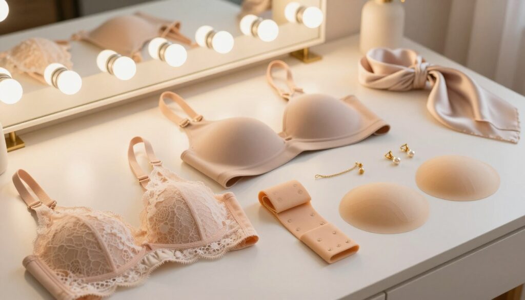 A close-up shot of a stylish selection of creative bra alternatives arranged on a neatly organized dressing table. In the foreground, a soft, elegant lace bralette complements a sleek tube top. Beside it, a multi-functional strap converter and discreet adhesive cups are showcased. In the middle area, hang a trendy, multifunctional wrap that demonstrates versatility in styling. The background features a softly lit vanity with warm, ambient light, and delicate accessories such as pearl earrings and a soft silk scarf draped artistically. The atmosphere is chic and inviting, exuding a sense of fashion-forward problem-solving, ideal for someone seeking innovative solutions for outfit styling. The image should be captured with a shallow depth of field, focusing on the stylish items while gently blurring the background for a polished look.