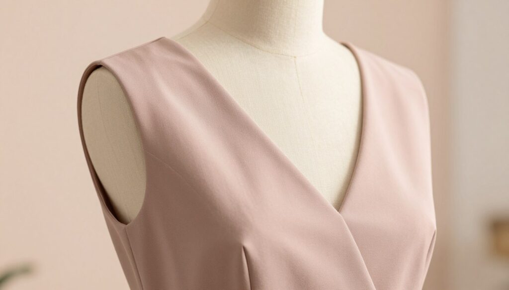 A close-up view of a beautifully crafted "V-neck dress" featuring a meticulously designed dekolt serek with sharp, precise angles and tailored corner techniques. The dress is displayed on a stylish mannequin against a softly blurred pastel background, highlighting its refined details. The lighting is soft and warm, emphasizing the fabric's texture and the elegant silhouette of the neckline. The camera angle is slightly above the dress, capturing the depth of the neckline without any distractions, creating a serene and sophisticated atmosphere. The overall mood of the image is focused and professional, showcasing this sewing technique in a fashionable context.