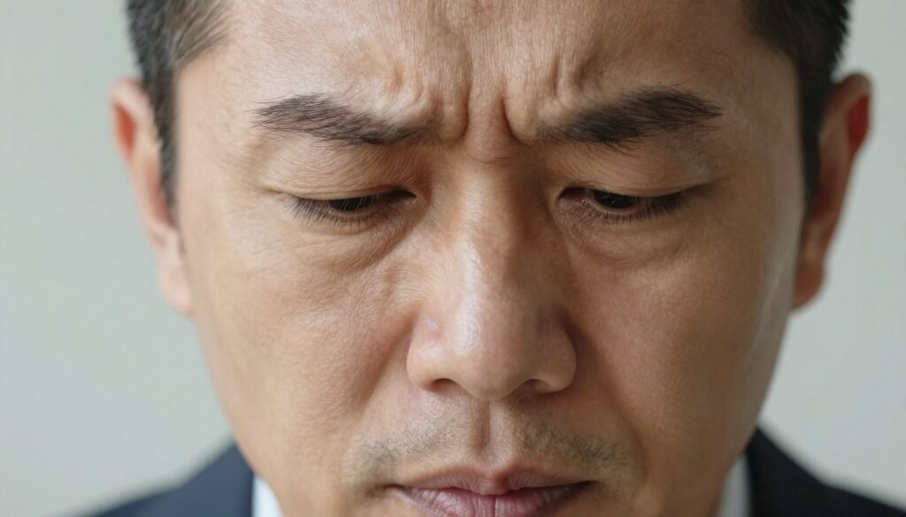 A close-up view of a human face displaying various facial muscle tensions, focusing on the forehead, jawline, and around the eyes, highlighting signs of strain and stress. The subject is a middle-aged person in professional attire, with neutral expression yet visibly tense facial muscles. The lighting is soft and natural, emphasizing the contours and textures of the skin, creating a calm but slightly serious atmosphere. The background is blurred to ensure the focus remains on the facial features and muscle tension. The image captures a moment that suggests the importance of relaxation techniques, with a subtle play of shadows adding depth to the scene.